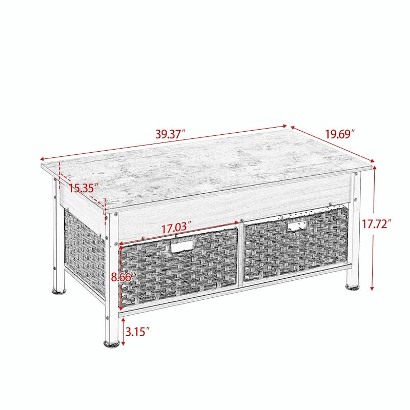 Metal Coffee Table with Lifting Top and Hidden Storage Space, Removable Wicker Baskets