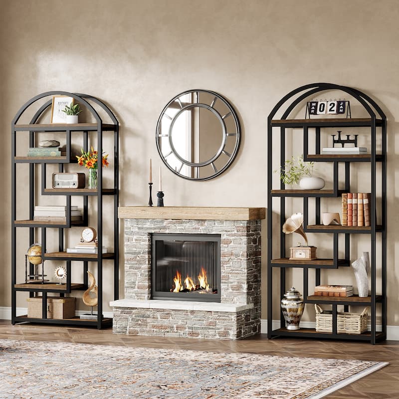 71" Tall Arched Bookshelf, Etagere Bookcase with Open Display Shelves - Rustic Brown(2pc)