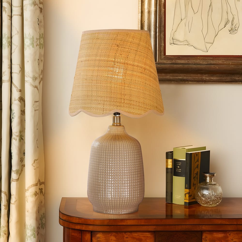 Rustic Ceramic Accent Table Lamp with Raffia Shade