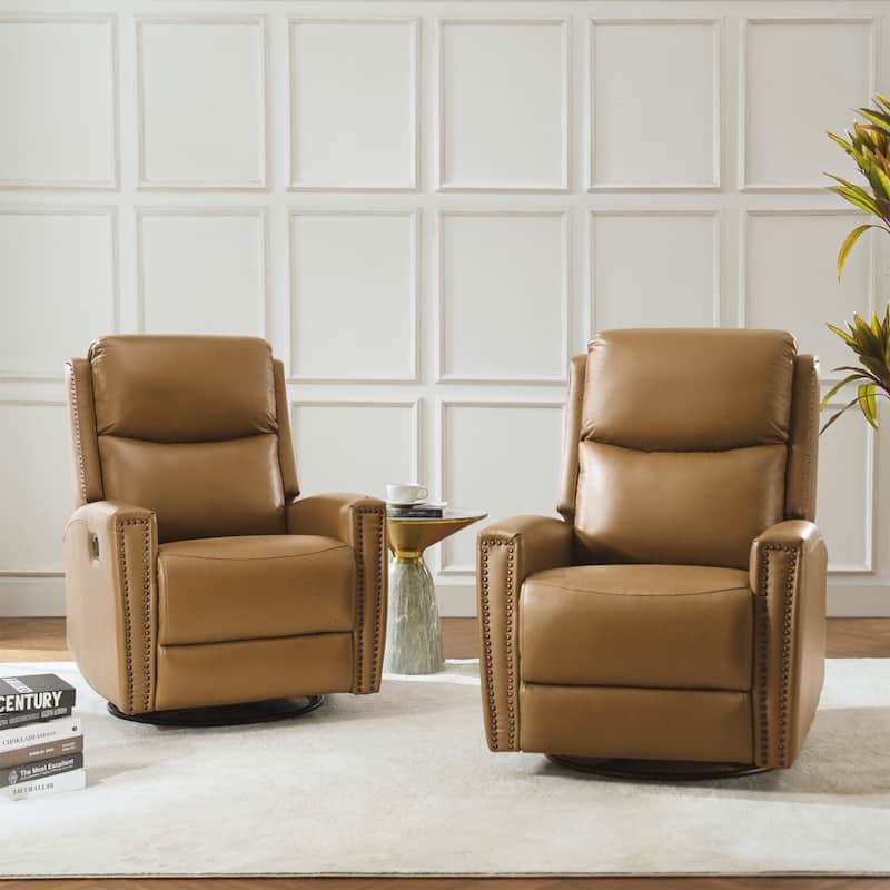 Fiacro 30.31"Wide Modern Genuine Leather Wingback Swivel Rocker Recliner with Nailhead Trims, Set of 2 - CAMEL
