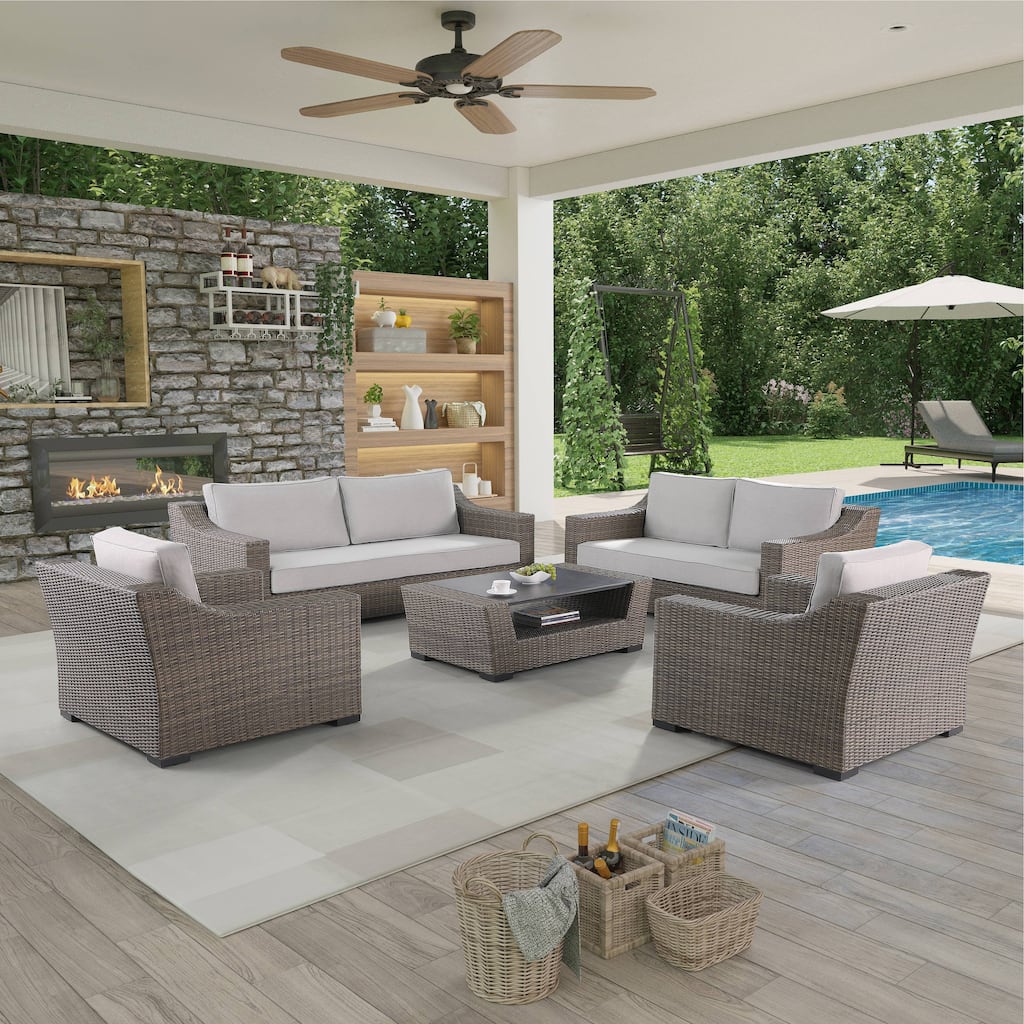 5-Piece Manhattan Rustic Wicker Seating Set with Tempered Glass