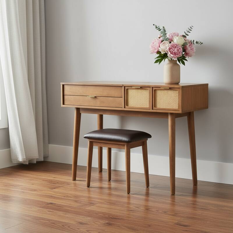 HomeRoots 48" Brown Wood Three Drawer Vanity Table With Mirror And Seating - Brown