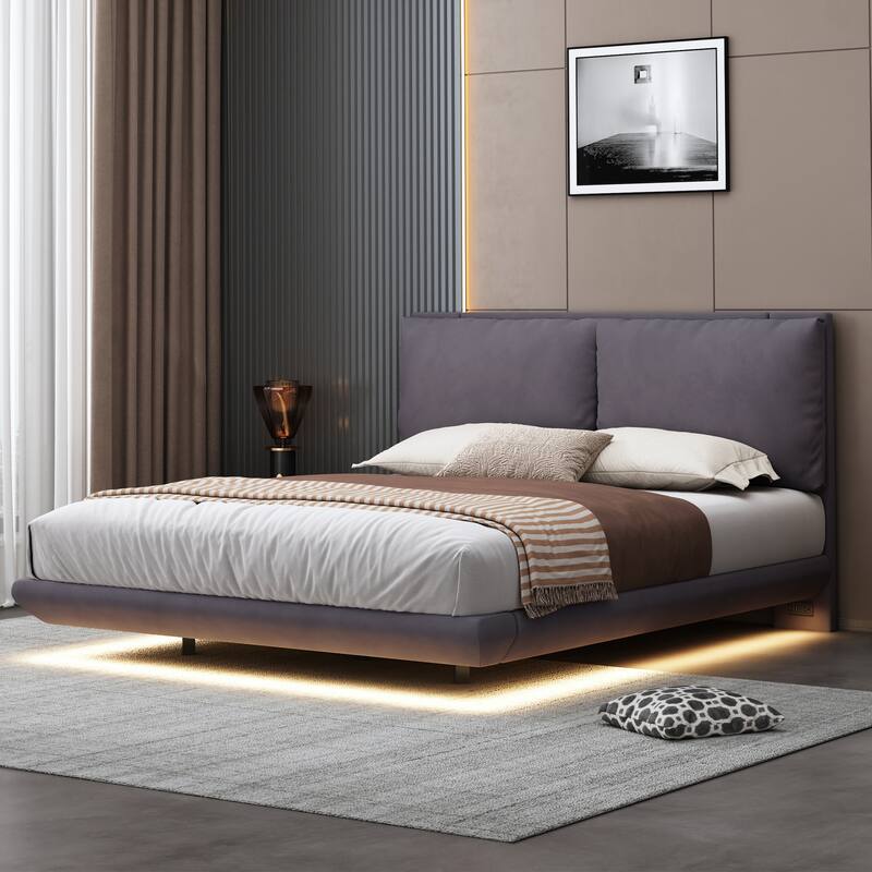 Queen Velvet Floating Platform Bed with Sensor Light - Gray