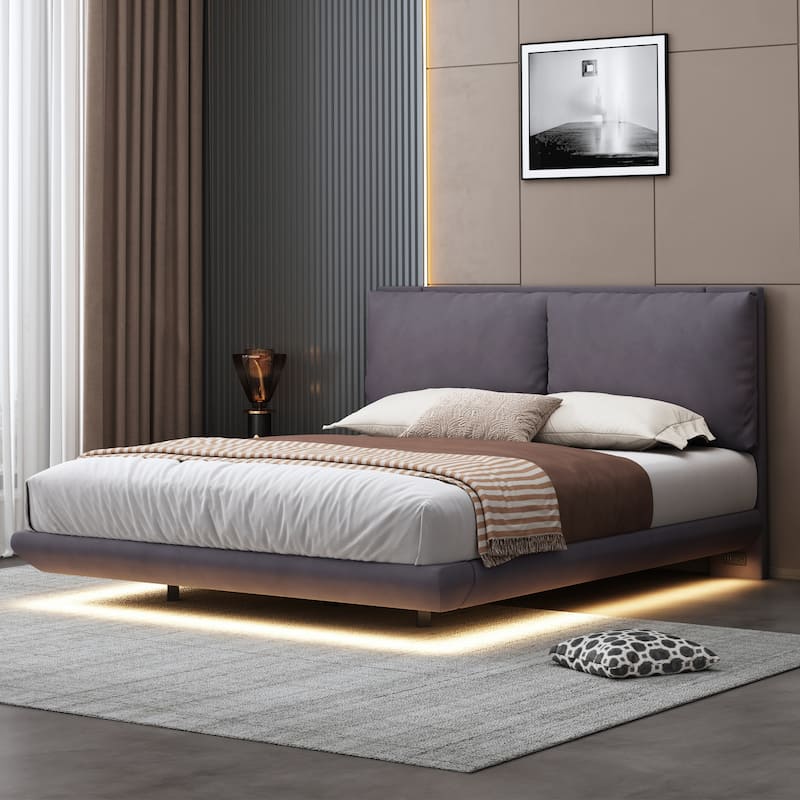 Queen Velvet Upholstered Platform Bed with Motion Sensor Light, USB Ports, and Floating Frame, Elegant Design - Grey