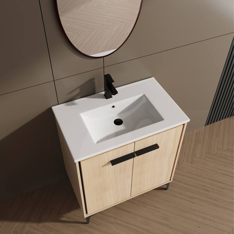 30-Inch Bathroom Vanity with Double Doors, Engineered Wood Cabinet, Floor-to-Ceiling Design, Ample Storage Space - 30in L Engineered Wood - Oak