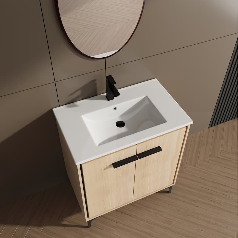 GDFStudio - Denton Modern Freestanding Bathroom Vanity Cabinet with Ceramic Sink, Soft Close Doors & Metal Tripod - 30"