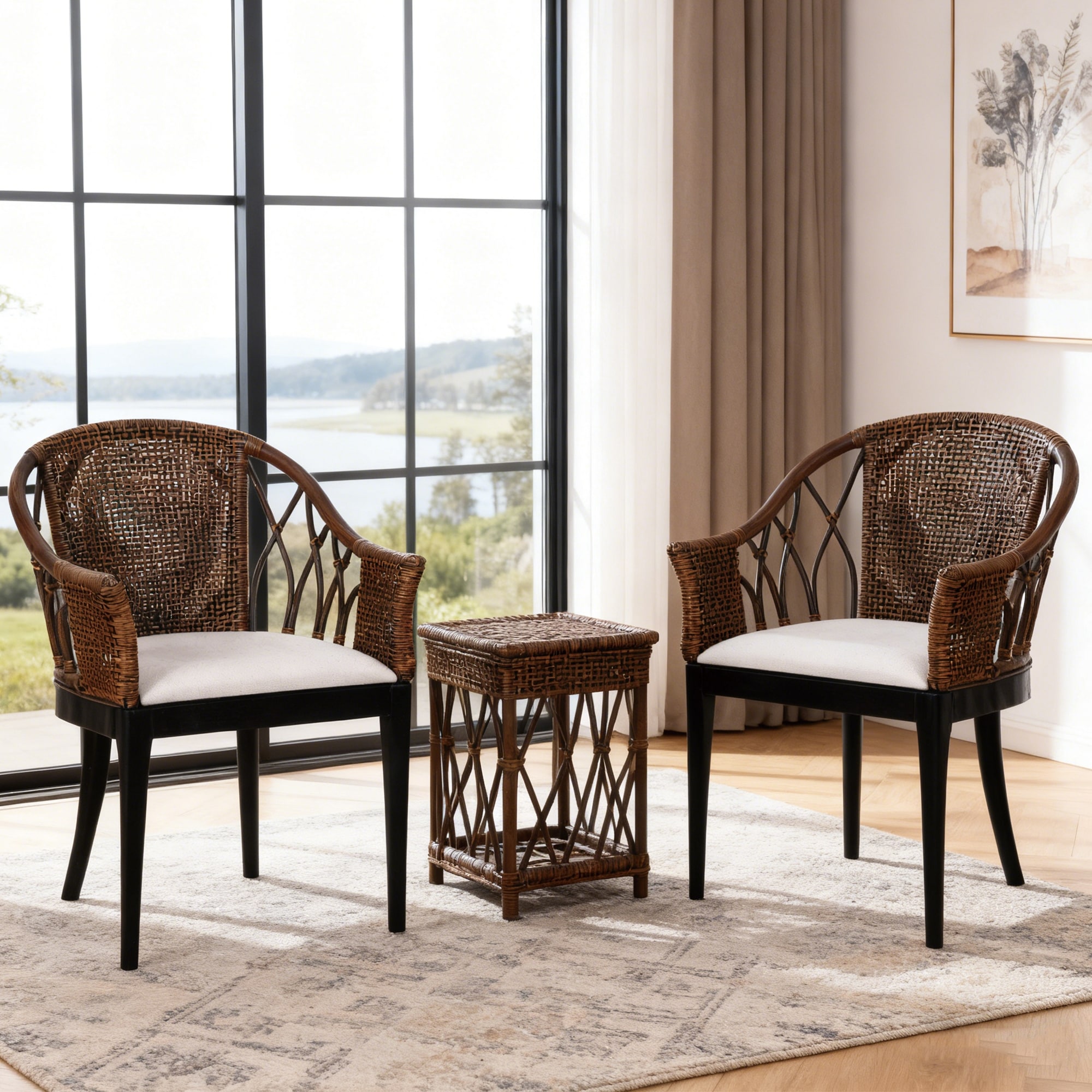 Bohemian 18" Seat W Rattan Barrel Arm chair with Upholstered Seat Accent Chair