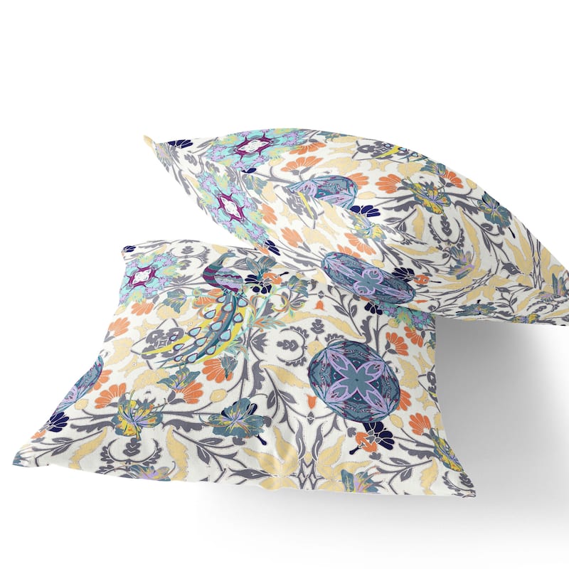 HomeRoots Set of Two 16" X 16" Yellow and White Peacock Blown Seam Eclectic Indoor Outdoor Throw Pillows