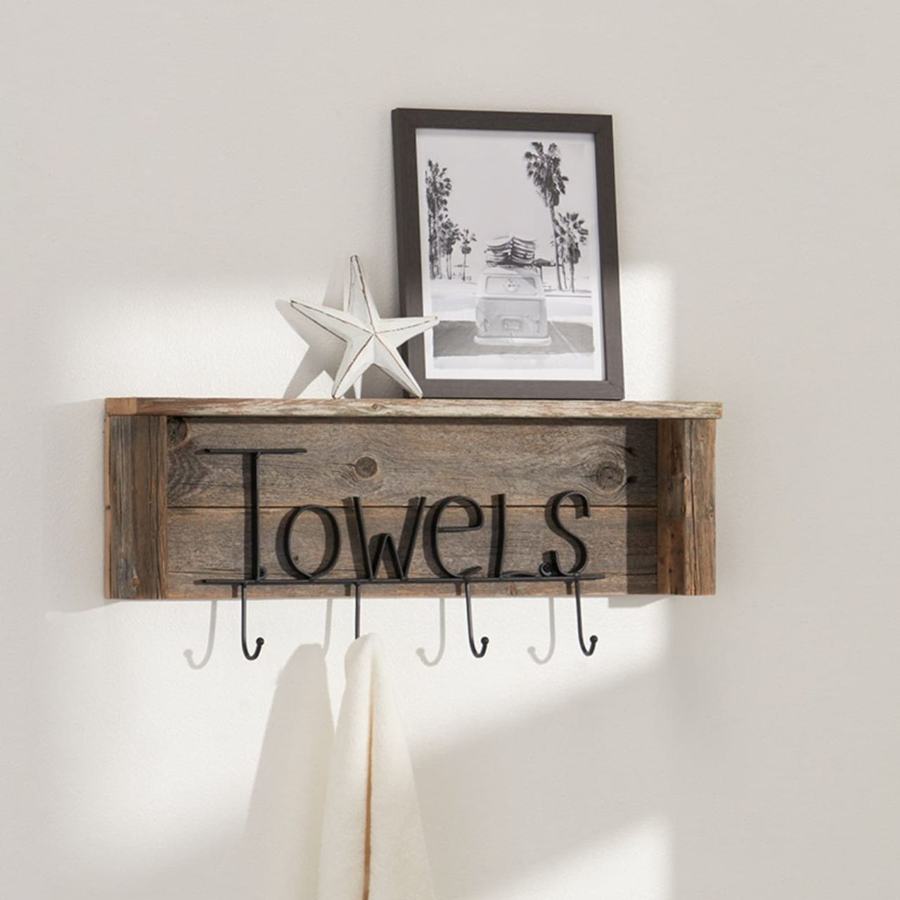 Towel rack with on sale hooks and shelf