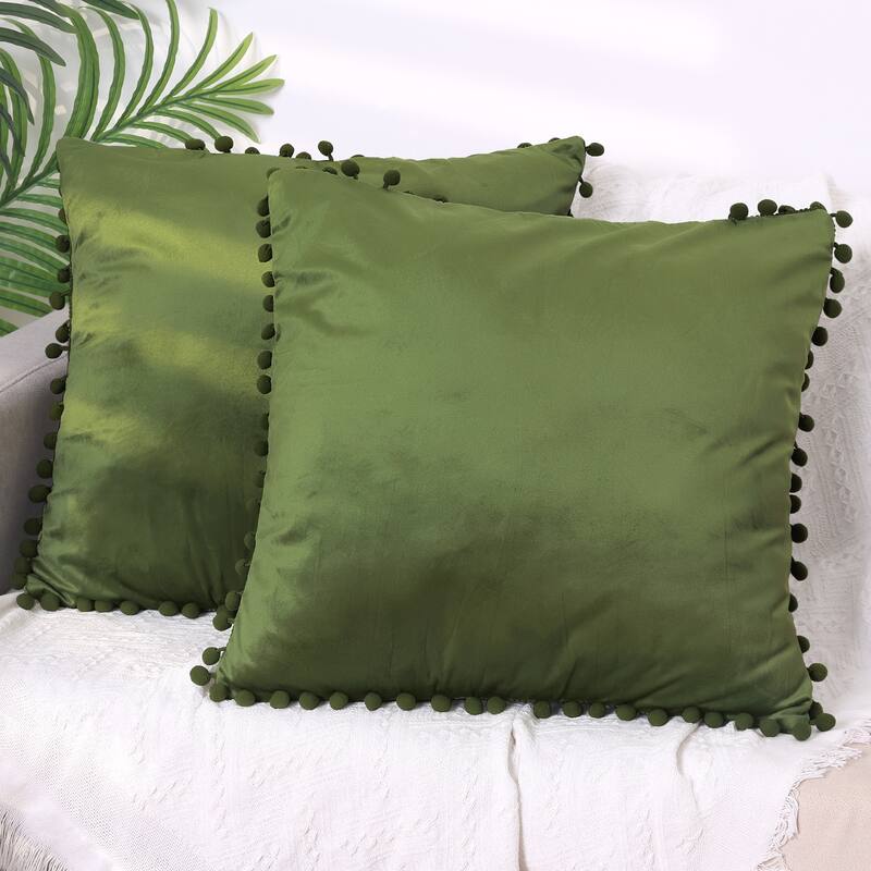 Pack of 2 Velvet Throw Pillow Covers with Pompoms Decorative Pillow Cases Fringe Cushion Covers Velvet Square Sham - Green - 18 x 18 Inch