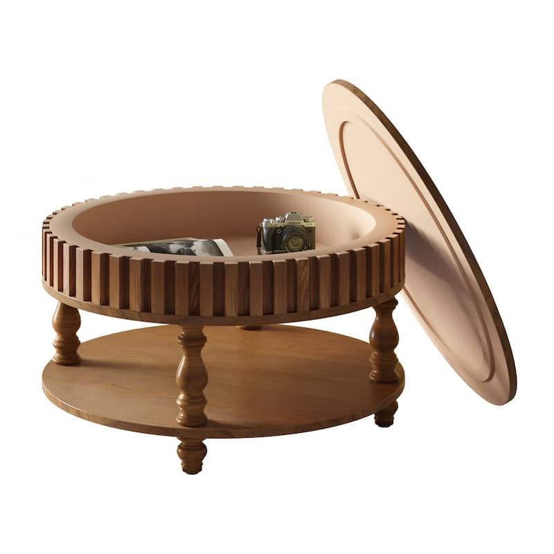 Farmhouse Fluted Coffee Table with Storage and Flip-Top Lids