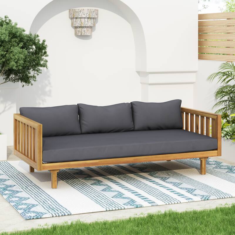Acacia Wood Daybed Slat Panel Design Water Resistant Cushions Outdoor Patio