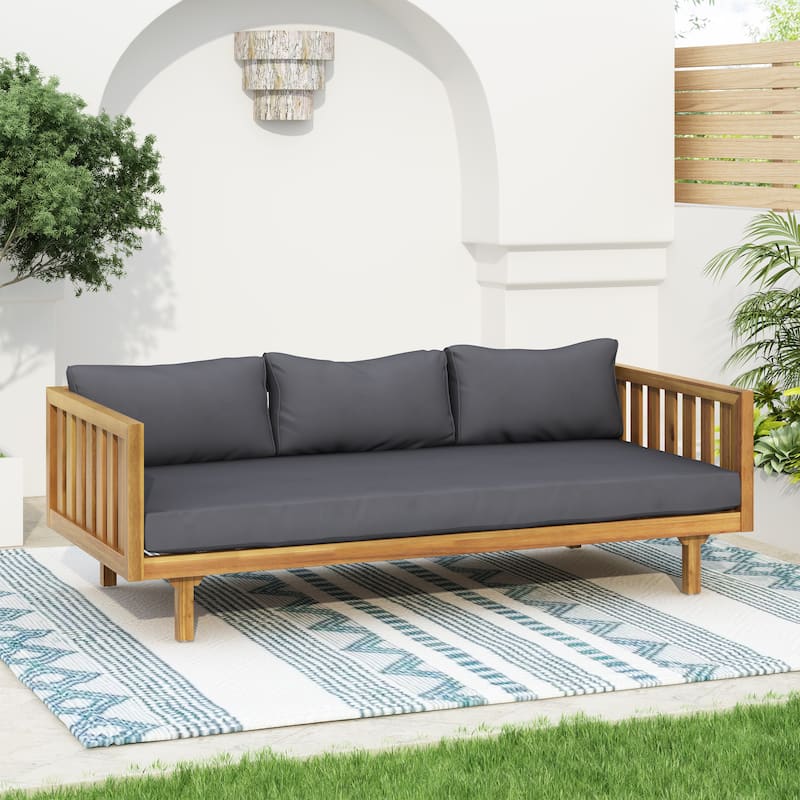 Roomfitters 3 Seater Wooden Patio Sofa with Weather-Resistant Cushions, Modern Outdoor Daybed, Sturdy Patio Seating