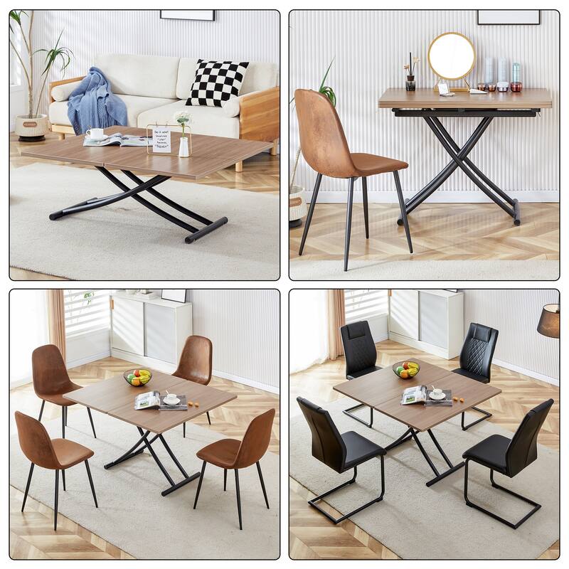 5-Piece Folding Dining Table Set, Modern Lift Top Wood Table with Metal Frame & 4 Linen Chairs for Kitchen, Living Room
