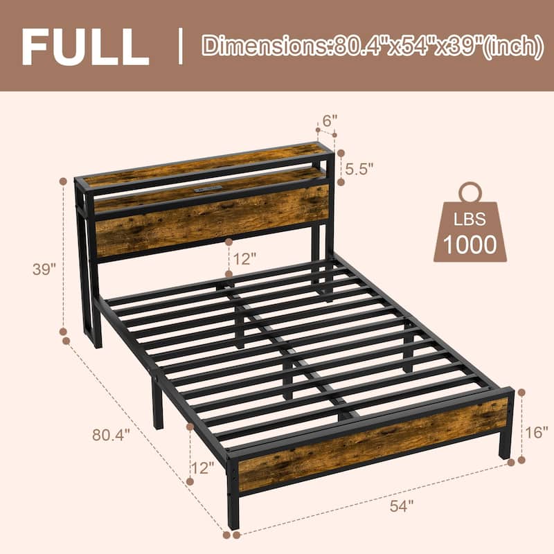 Bed Frame with Charging Station No Box Spring Needed