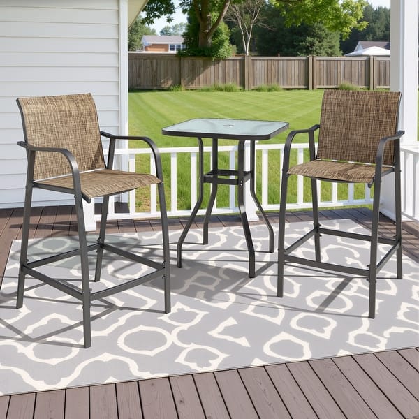 slide 2 of 13, Outdoor Bar Stools Patio Bar Chairs and Glass Bar Table with Umbrella Hole Earth