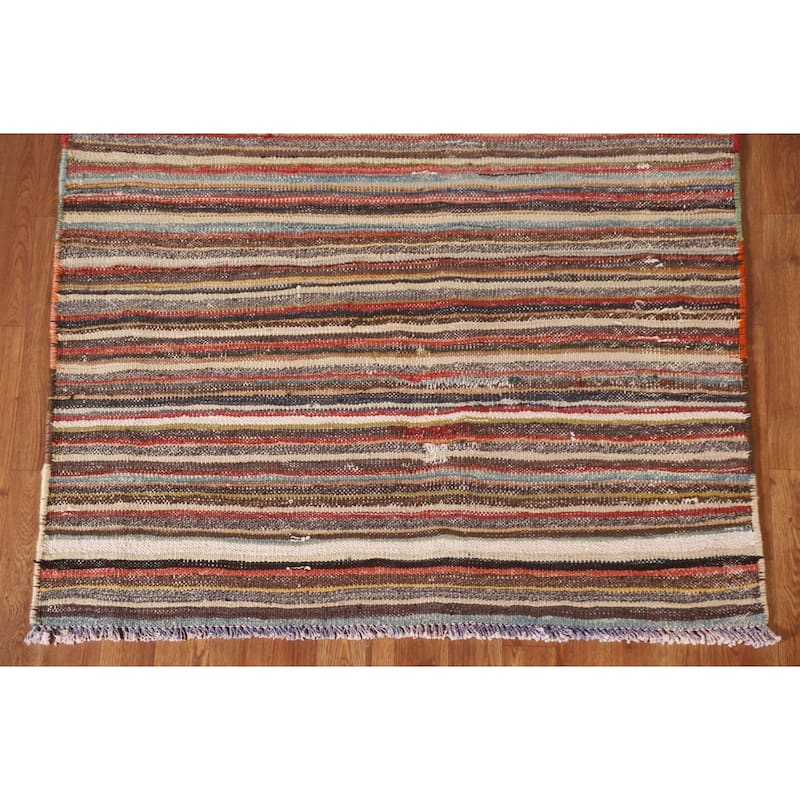 Striped Kilim Persian Vintage Rug Hand-Woven Wool Carpet - 3'9"x 6'1"