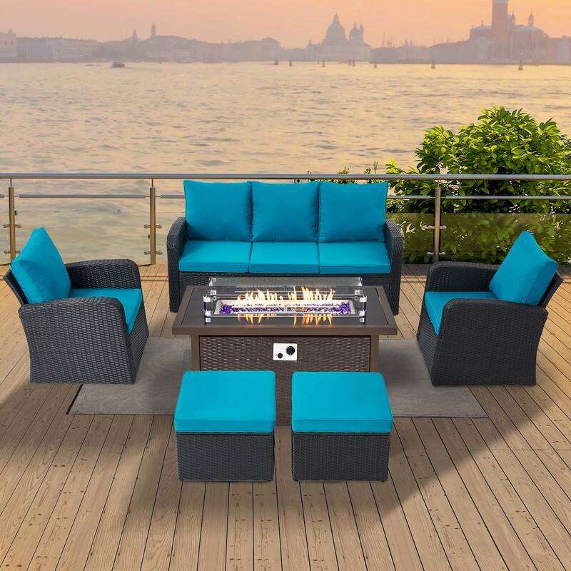 6/7-Piece Rattan Patio Set w/Optional Fire Pit Table – Outdoor Conversation Sectional, Weather-Resistant Wicker Furniture - With Fire Pit Table - Peacock Blue