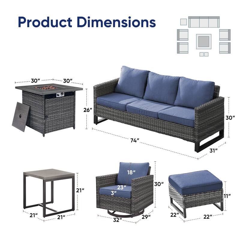 4 Patio Swivel Chairs with Sofa and Fire Pit Table