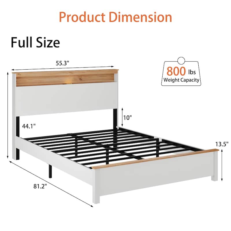 Classic White Low Profile Bed Rustic Farmhouse Platform Bed Frame with Storage Headboard Built-in Charging Station, Touch Light