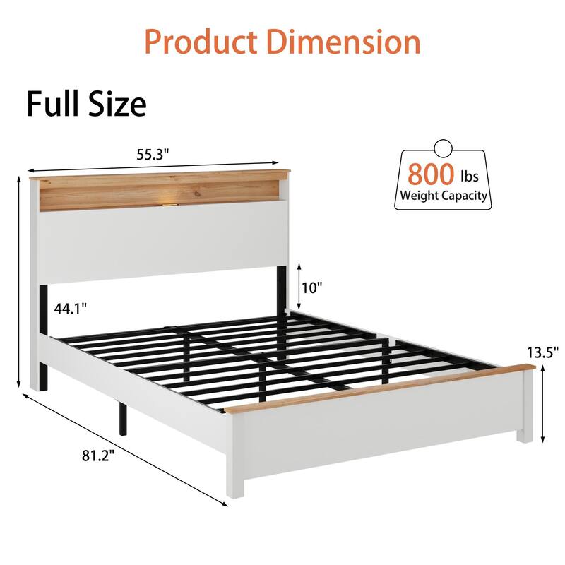 Roomfitters Wood Bed Frame with Charging Station, Illuminated Storage Headboard, Rustic Farmhouse Style, Antique White - Full