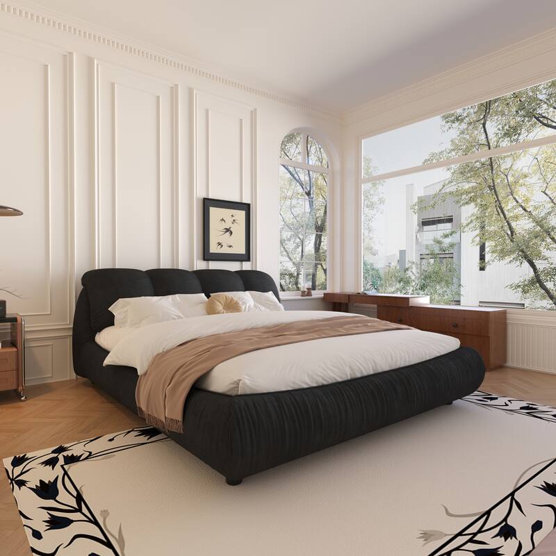 King Size Luxury Upholstered Platform Bed with Oversized Padded Backrest and Solid Wood Frame