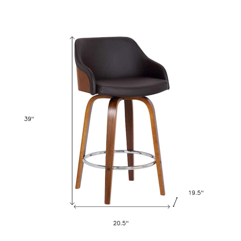 Brown Fabric Swivel Bar Height Bar Chair with Iron Frame, Armrests and Footrest - 20.5” x 19.5” x 39” (D x W x H)