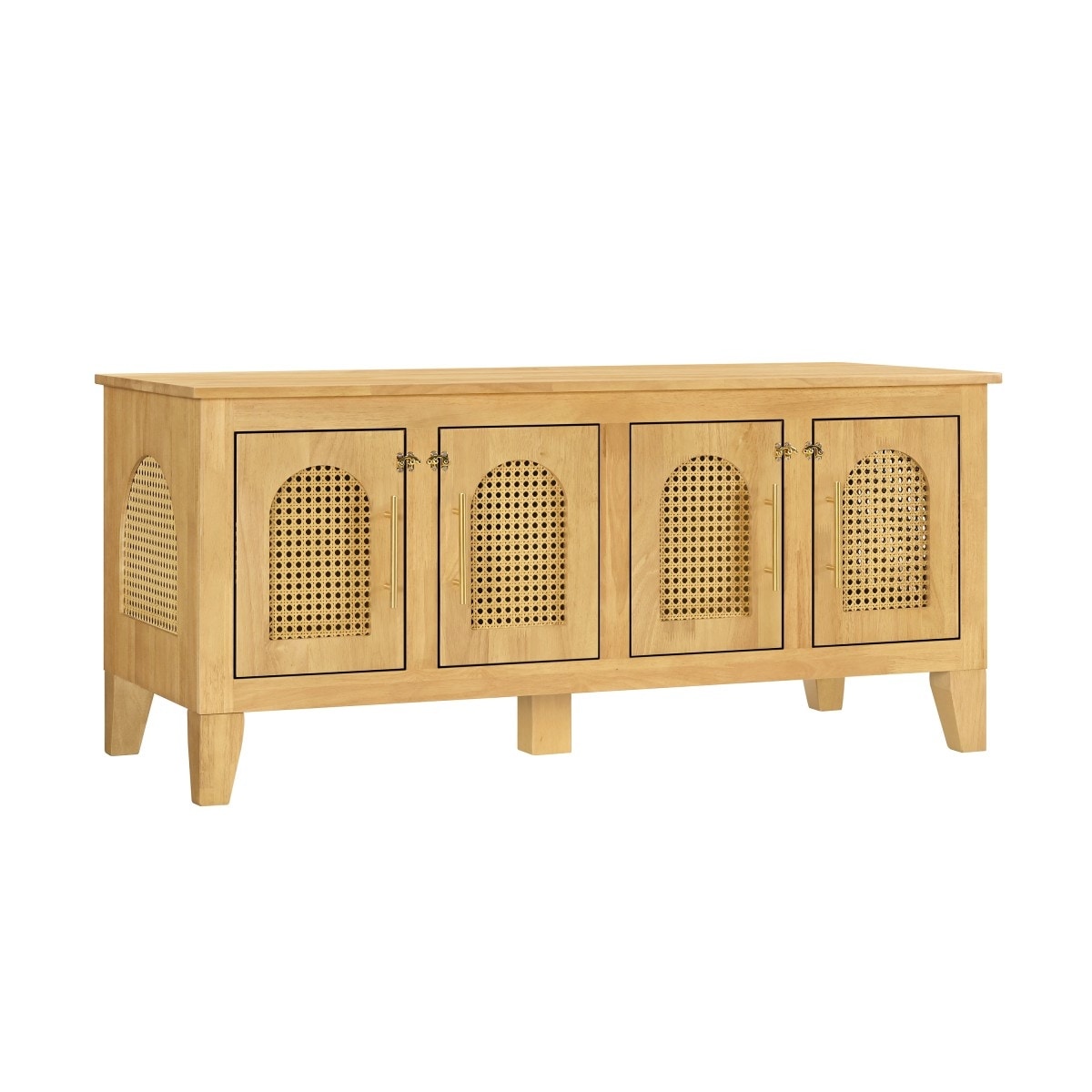 47-in Mid Century Rattan Rubber Wood Dog Crate Cabinet 4 Doors