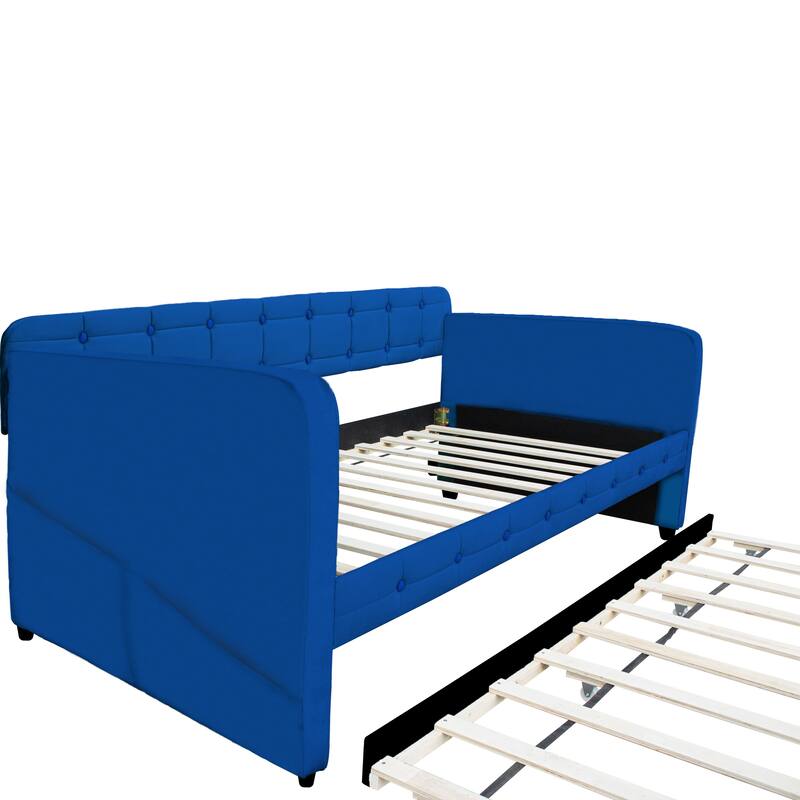 Twin Size Velvet Upholstered Daybed with Trundle and Button-tufted Design