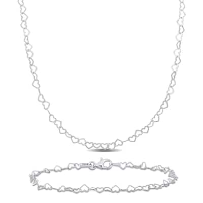 Miadora 3mm Heart Link Chain Necklace and Bracelet Yellow Plated Sterling Silver-16 + 7.5 in