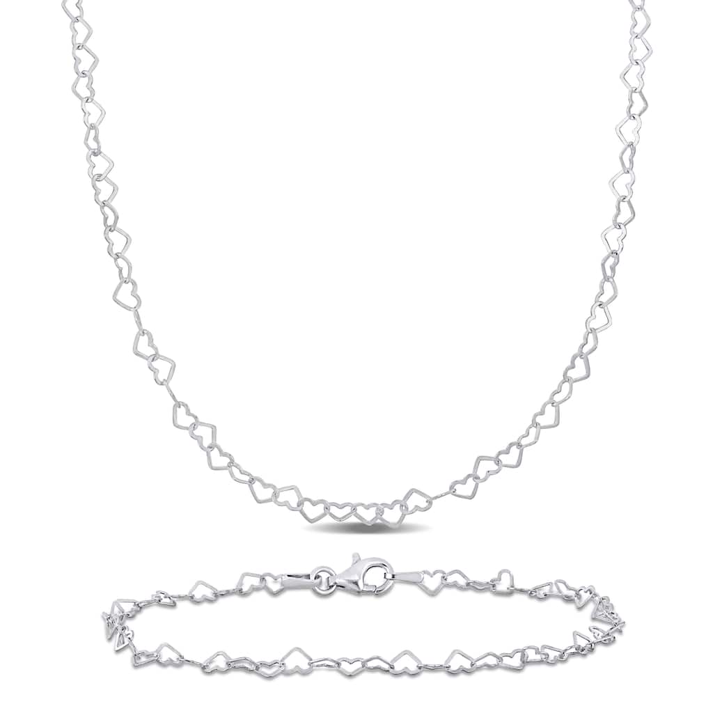 Miadora 3mm Heart Link Chain Necklace and Bracelet Yellow Plated Sterling Silver-16 + 7.5 in