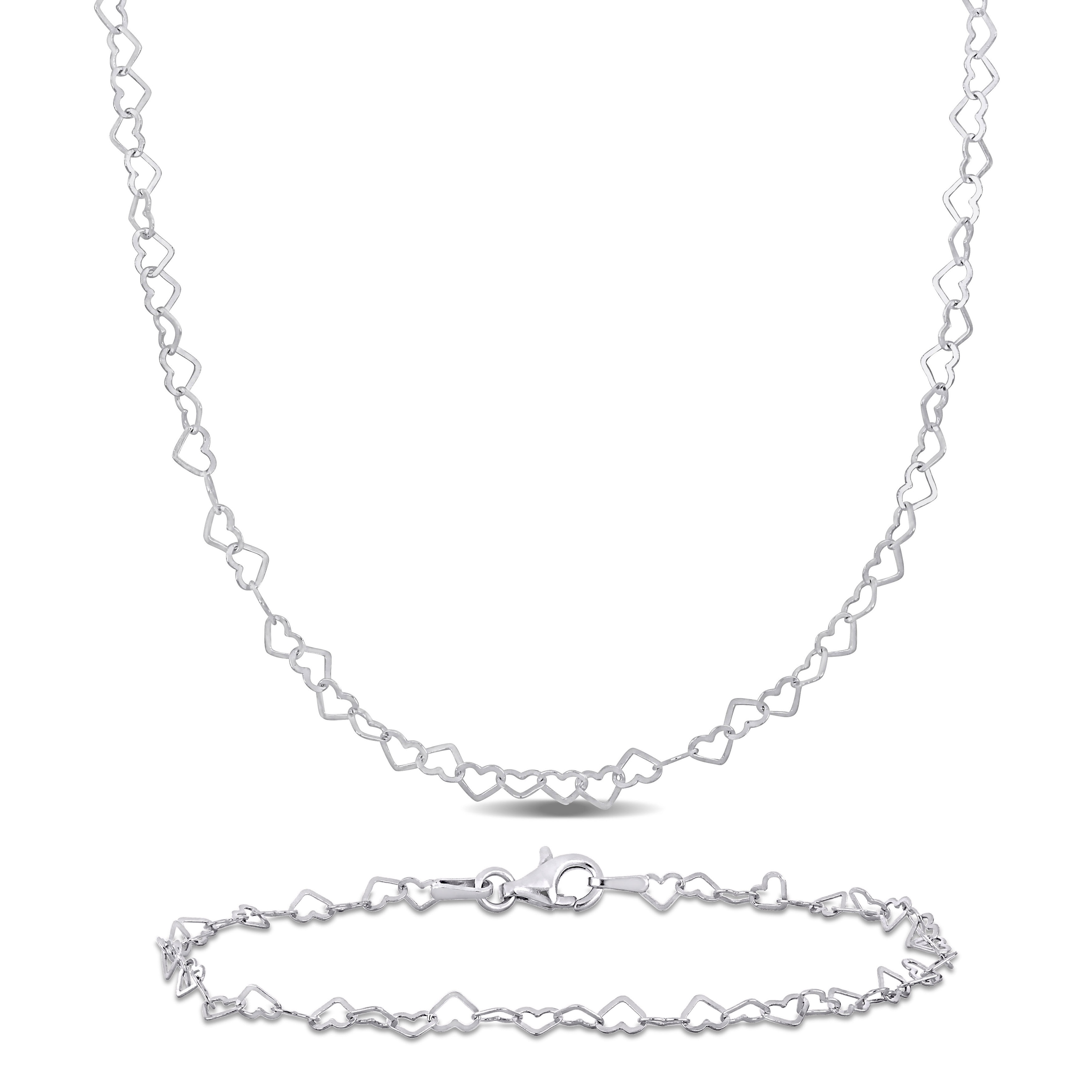 Miadora 3mm Heart Link Chain Necklace and Bracelet Yellow Plated Sterling Silver-16 + 7.5 in