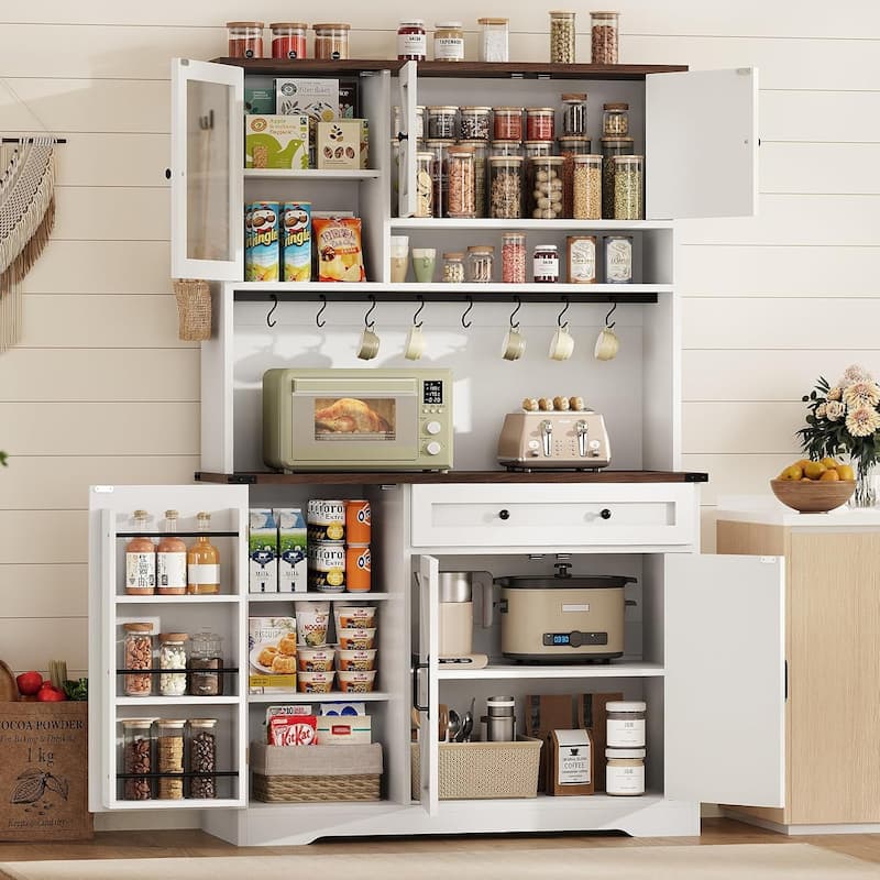 Farmhouse Kitchen Pantry Cabinet Drawer & Doors Adjustable Shelf