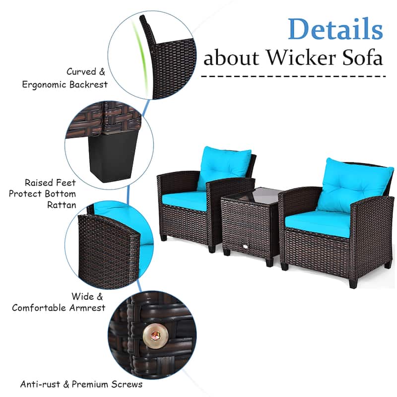 Outdoor 3-piece Cushioned Rattan Patio Furniture Conversation Set
