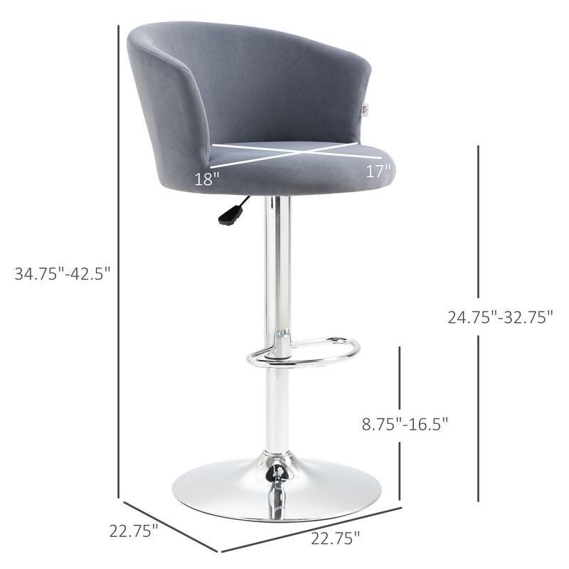 HOMCOM Adjustable Bar Stools Set of 2, Velvet Kitchen Stool, Upholstered Counter Height Barstool with Swivel Seat