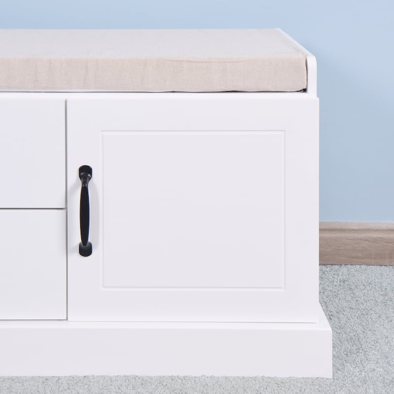 Wooden Entryway Shoe Cabinet with 2 Drawers, Doors & Cushioned Seat