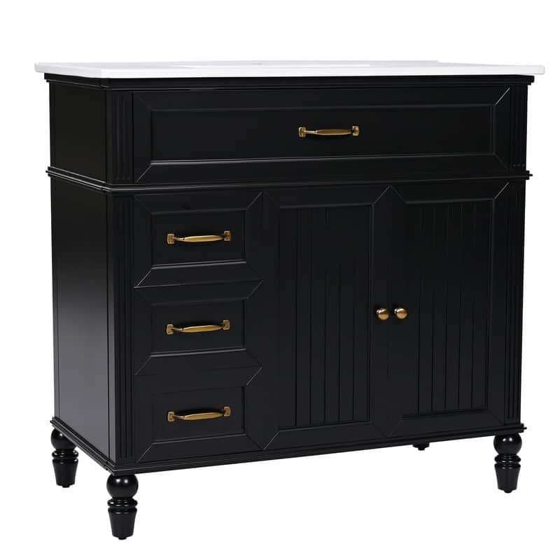 36" Bathroom Vanity with Ceramic Sink Top, Freestanding Bathroom Vanity Cabinet with 2 Doors and 2 Storage Drawers