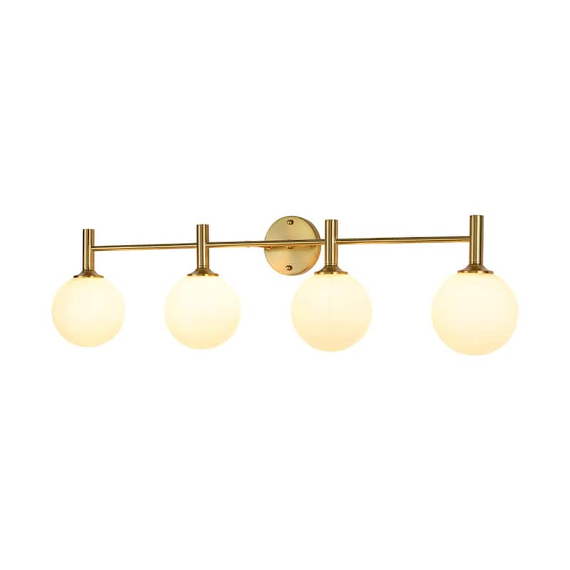 4-Light Brushed Brass Glass Globe Vanity Wall Lamp Bathroom Sconce - Opal Glass
