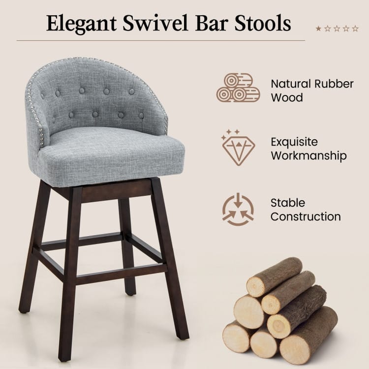 Set of 2 Swivel Bar Stools Tufted Bar Height Pub Chairs with Rubber Wood Legs - 21.5" x 21" x 41.5" (L x W x H)