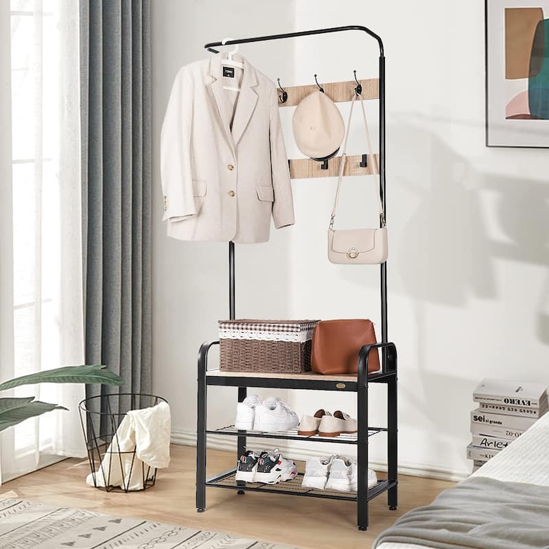 3-in-1 Entryway Hall Tree, Heavy Duty MDF Stand Coat Rack with Storage Bench, Industrial Wood Furniture with Stable Metal Frame