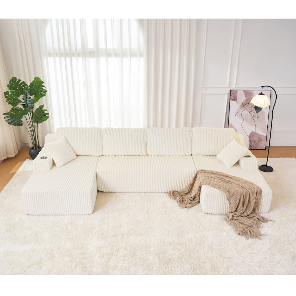 130" U-Shaped Corduroy Sectional Sofa with Cup Holders, No Assembly Required