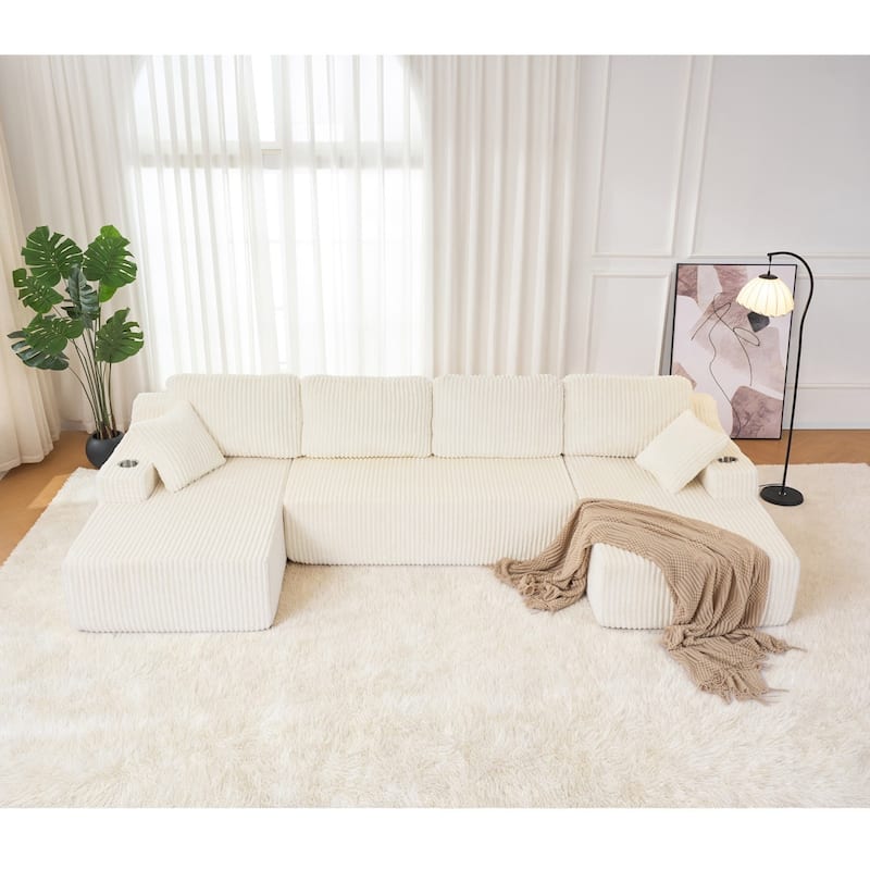 130" U-Shaped Corduroy Sectional Sofa with Cup Holders, No Assembly Required - Beige