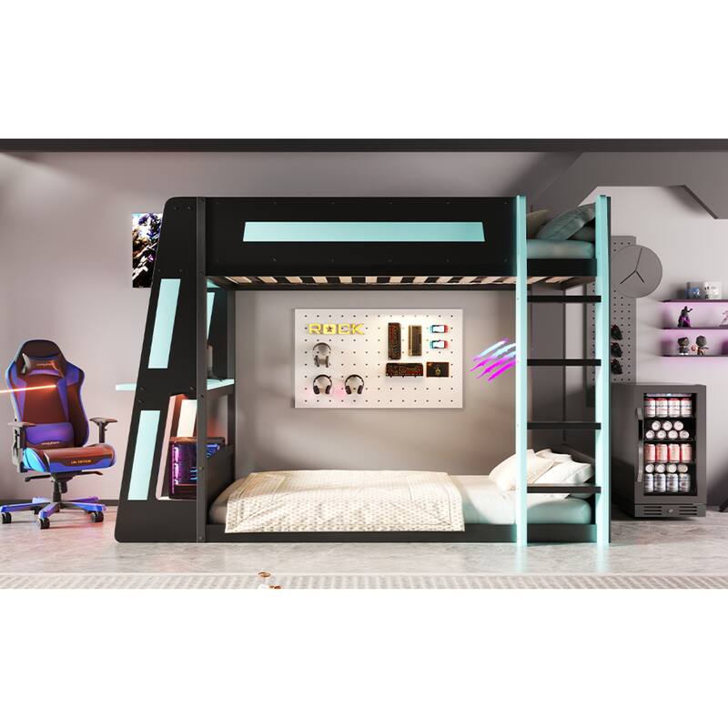 Roomfitters Twin/Full Over Twin Wooden Gaming Bunk Bed with Desk and LED Lights