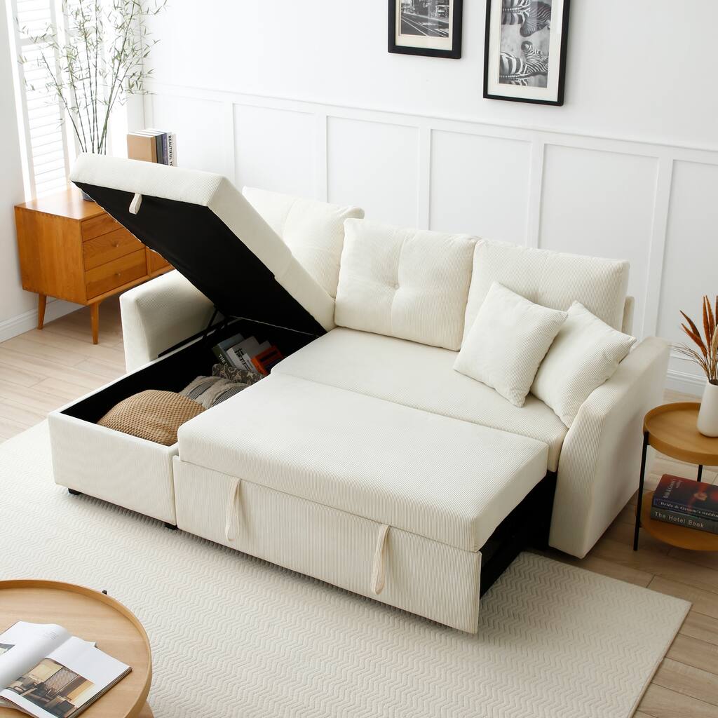 Contemporary L Shaped Modular Sofa Bed with Reversible Storage Chaise and Pull Out Sleeper for Living Room or Guest Room