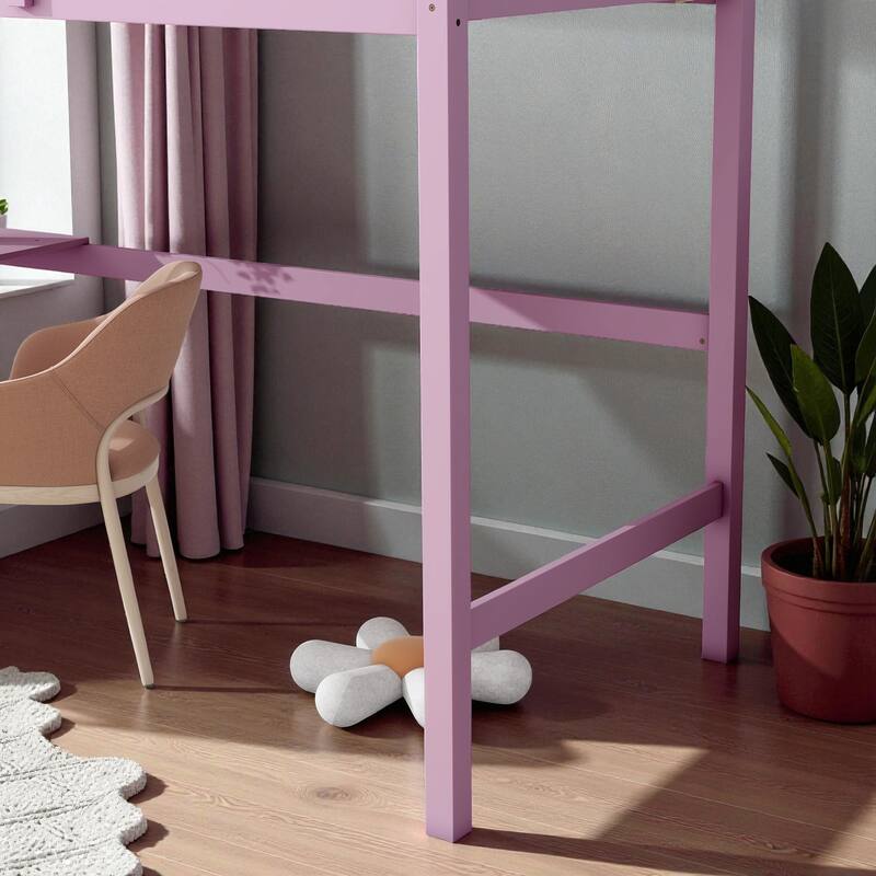 Twin Size Wooden High Loft Bed with Built-in Desk and Ladder, Solid Rubber Wood Loft Bed with Safety Guardrails