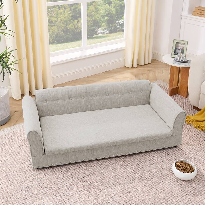 Oversized Pet Sofa, Elegant Modern Linen Fabric Elevated Dog Sofa Bed, Oversized Rectangular Pet Bed with Backrest & Armrest