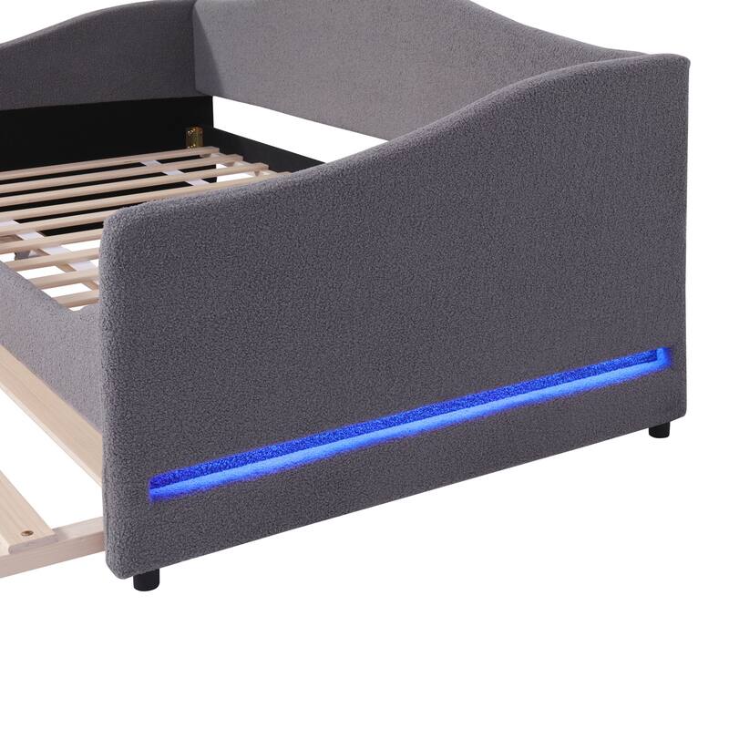 Teddy Fleece Twin Size Upholstered Daybed with Light and Trundle