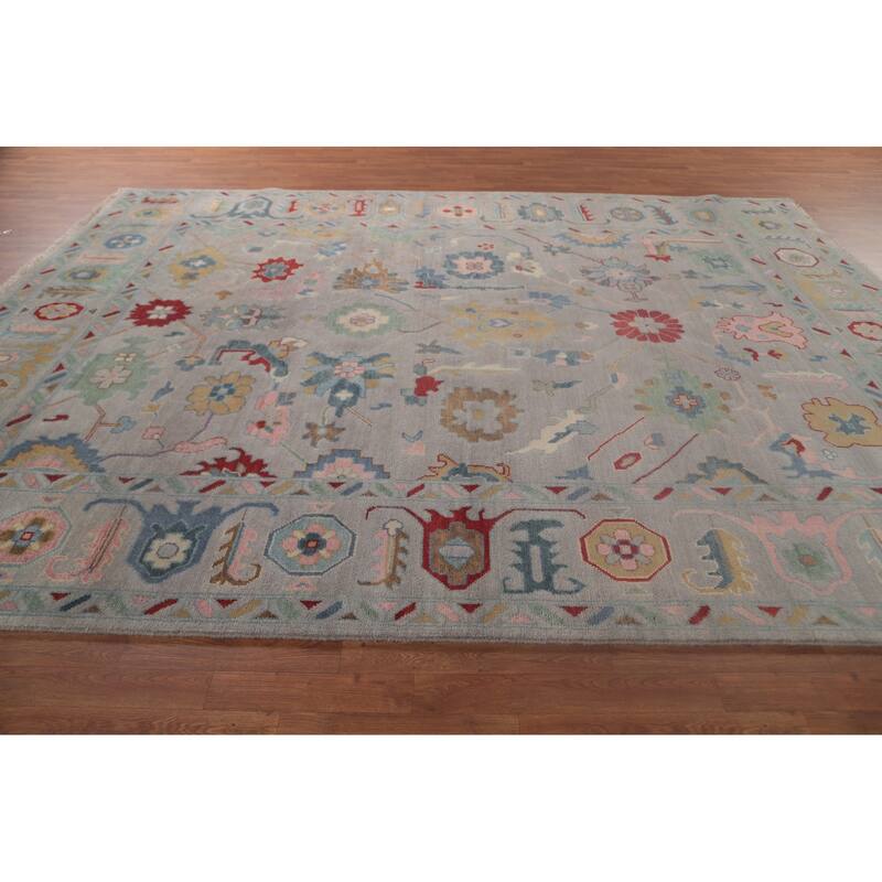 All-Over Gray Oushak Oriental Area Rug Hand-Knotted Wool Carpet - 9'0" x 11'8"