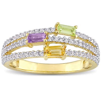 Multi Color Citrine, Peridot, Amethyst & White Topaz Multi Row Ring in Yellow Plated Sterling Silver by Miadora