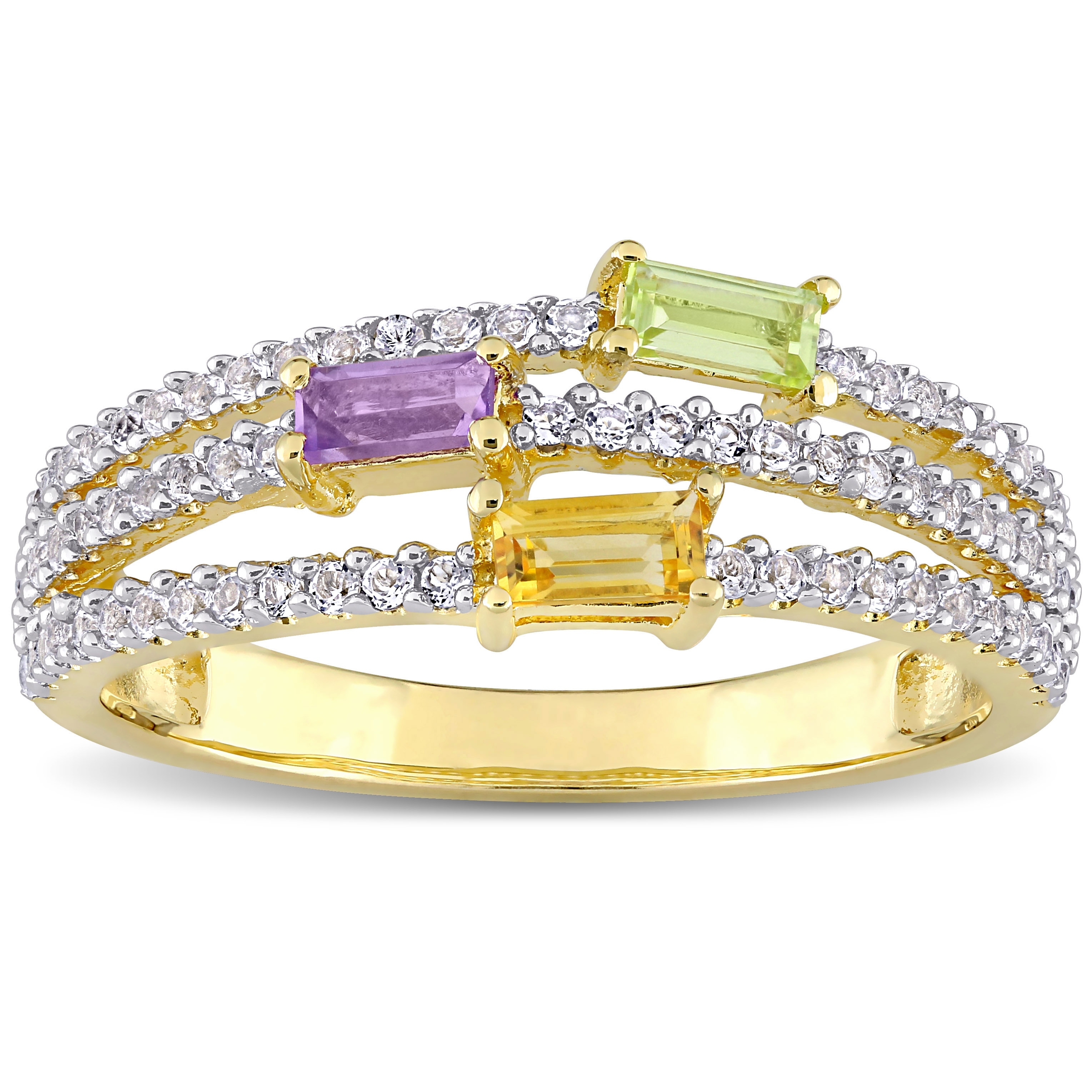 Miadora Multi Color Citrine, Peridot, Amethyst & White Topaz Multi Row Ring in Yellow Plated Sterling Silver